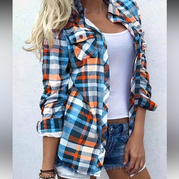 Tops - New Plaid Button-Up Shirt - Blue and Orange